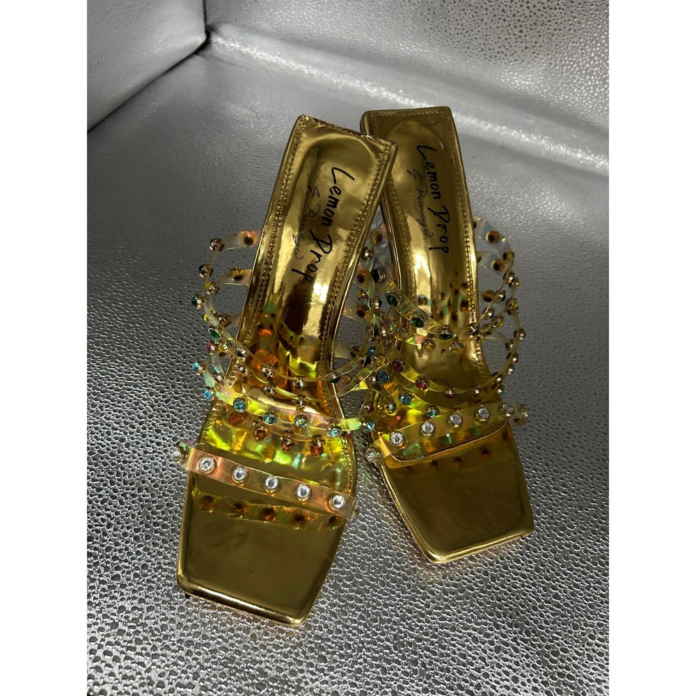 Lemon Drop by Privilege Rezada Gold Rhinestone Clear Block Heel Sandals Mens 11
